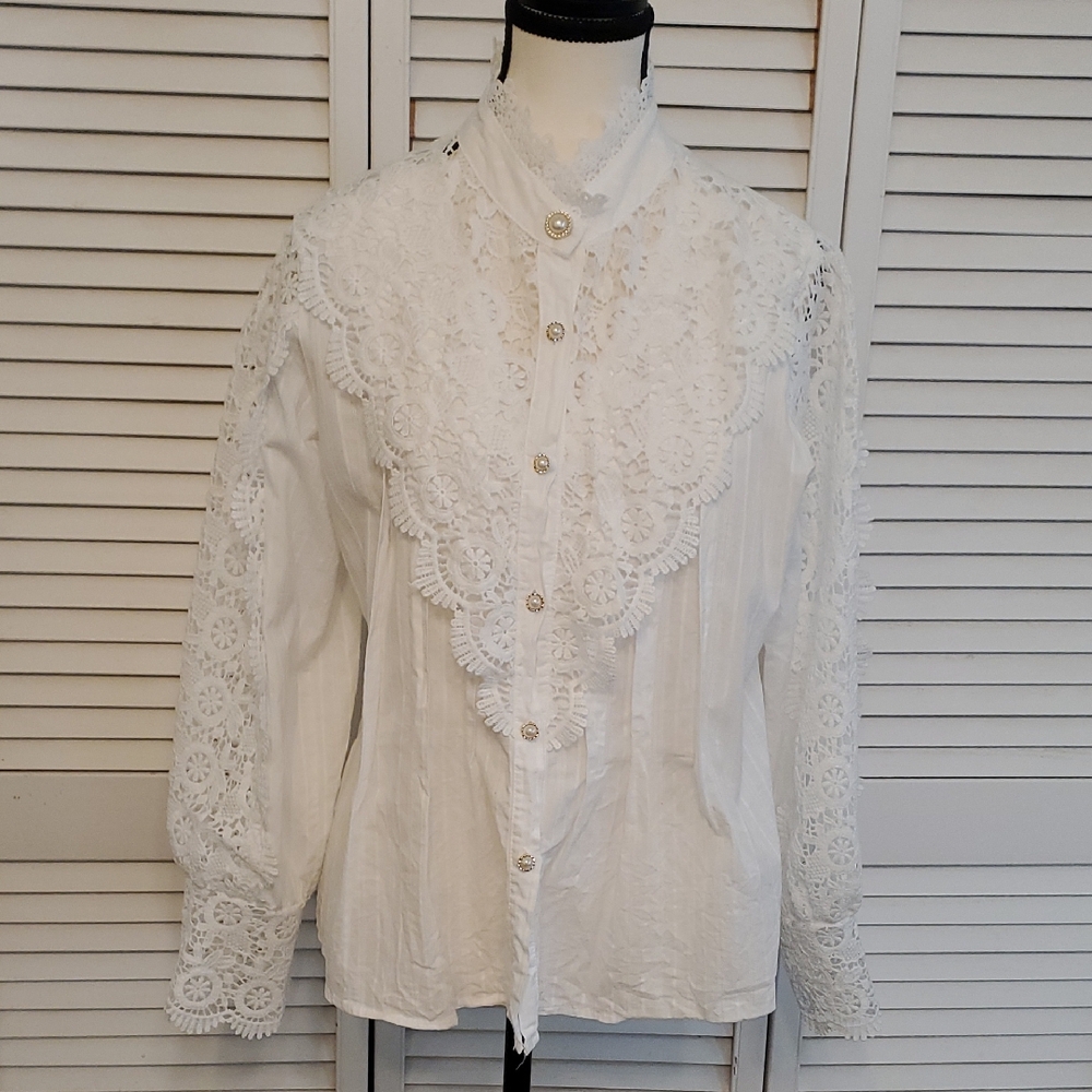 White Crochet Button-up Blouse Top, Size Large